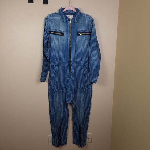 Sandrine Rose Pinstripe Long Sleeve Denim Romper Size L - Picture 1 of 12